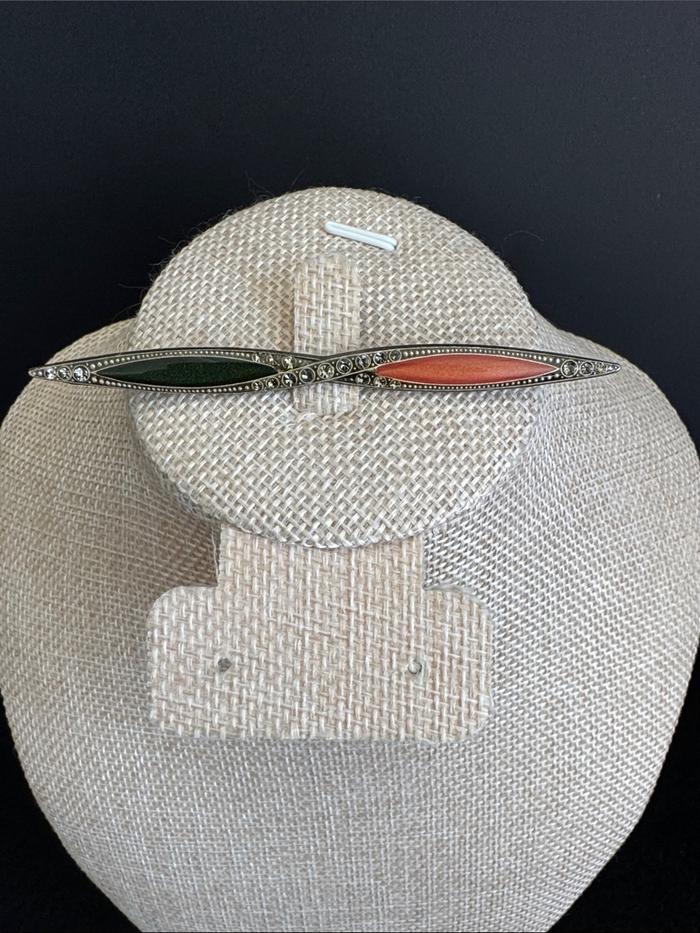 VTG Art Deco Style Marcasite Bar Brooch Pin - Silver Tone Green and Orange